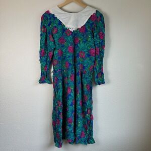 Vintage 80s Breli Originals Midi Dress Womens Size 18 Teal Pink Floral Lace